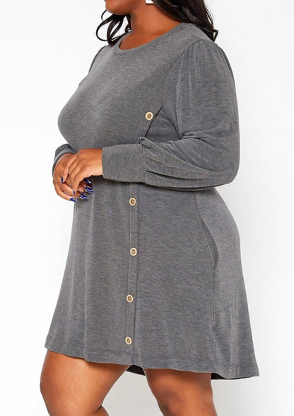 Hi Curvy Plus Size Button Hem Flare Mini Dress with Pockets