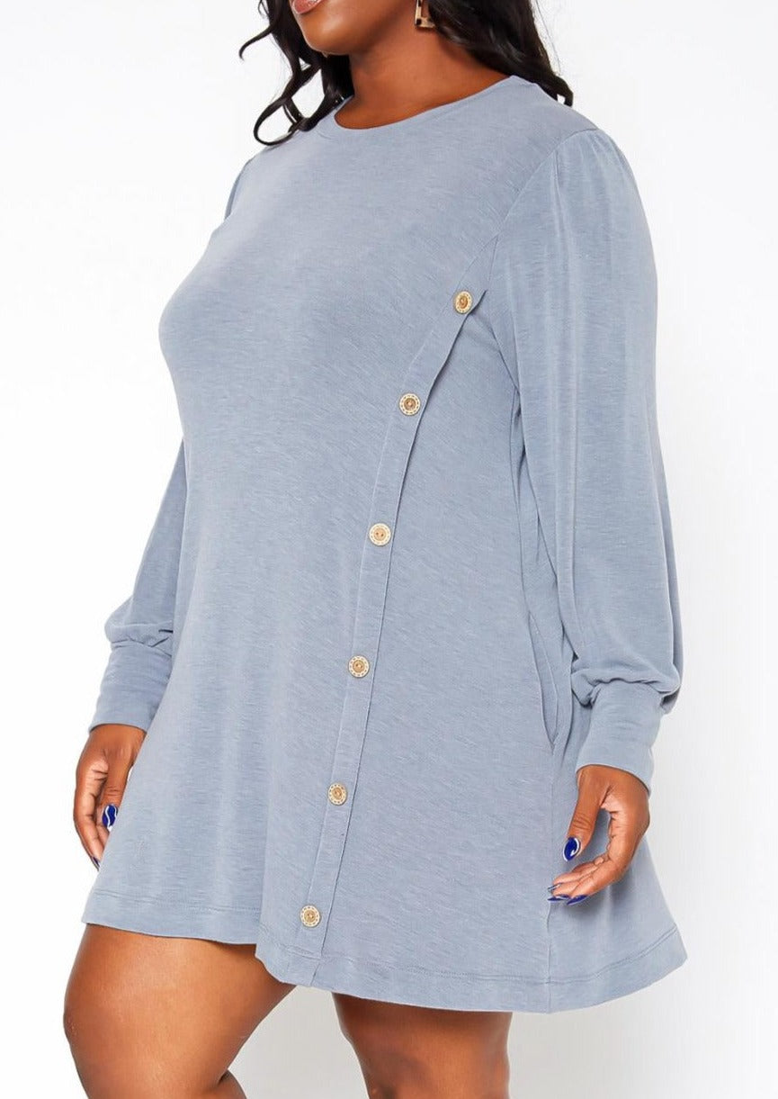 Hi Curvy Plus Size Button Hem Flare Mini Dress with Pockets