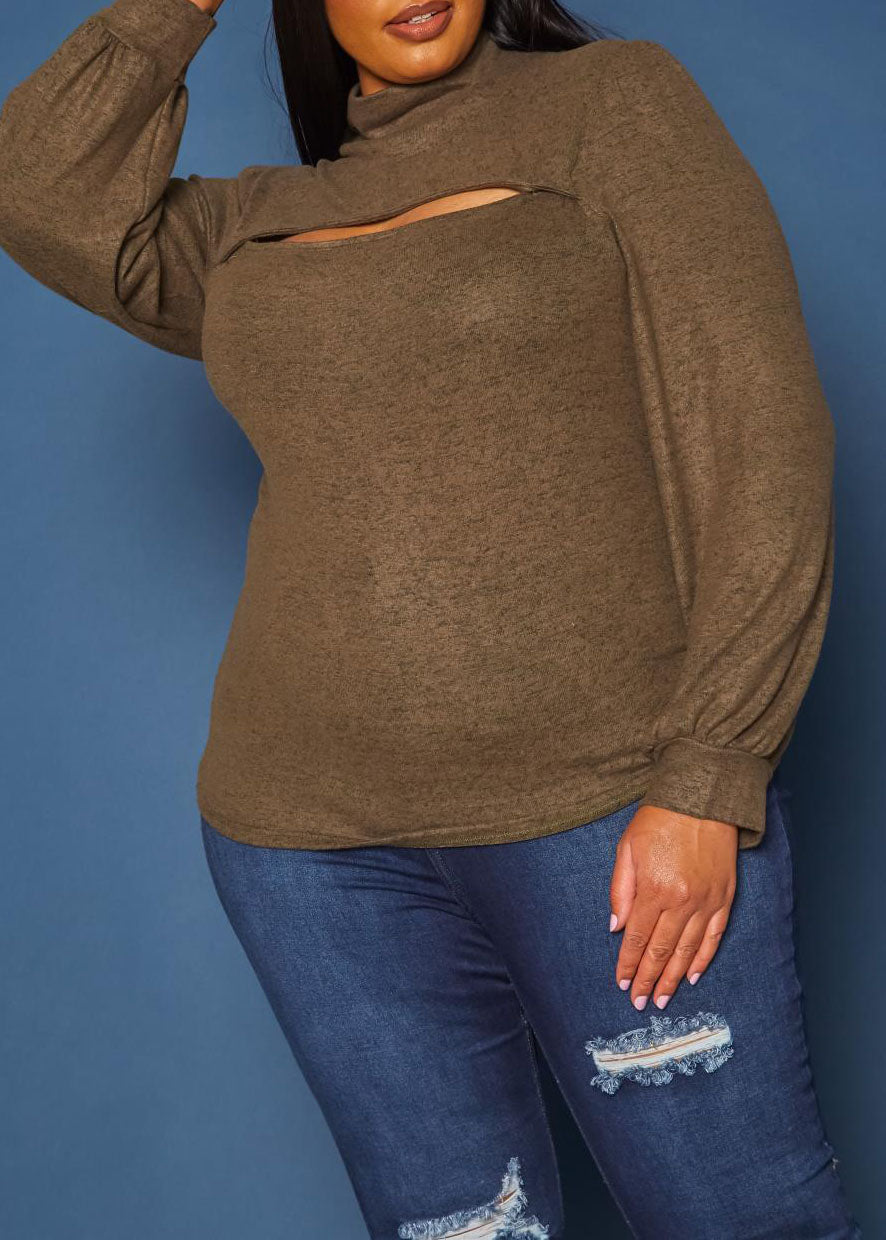 Hi Curvy Plus Size Women Keyhole Front Mock Neck Knit Top