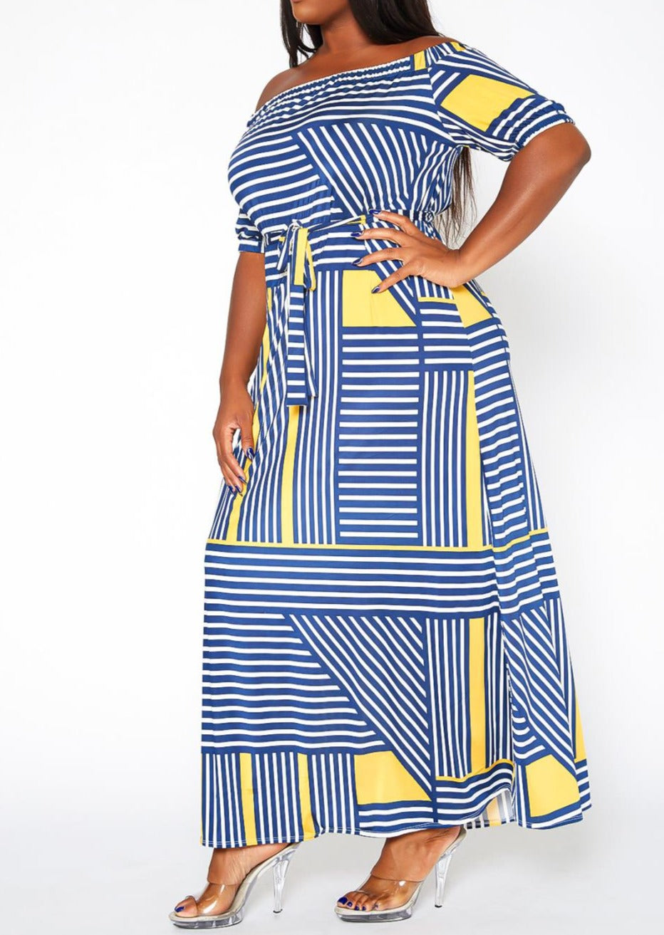 HI Curvy Plus Size Women Striped Print Off Shoulder Maxi Dress Made in USA