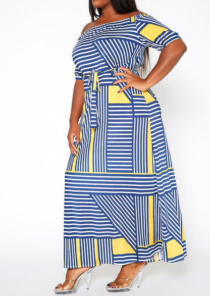 HI Curvy Plus Size Women Striped Print Off Shoulder Maxi Dress Made in USA