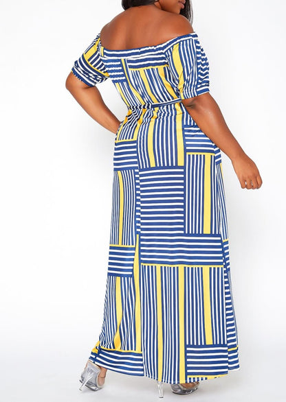 HI Curvy Plus Size Women Striped Print Off Shoulder Maxi Dress Made in USA