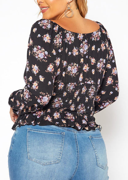 Hi Curvy Plus Size Women Floral Print Smocked V Neck Long Sleeves Shirt