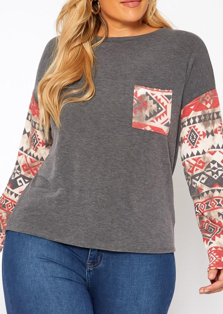 Hi Curvy Plus Size Aztec Print Long Sleeve Top