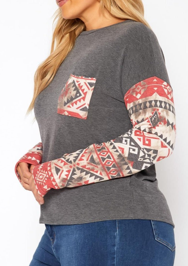 Hi Curvy Plus Size Aztec Print Long Sleeve Top