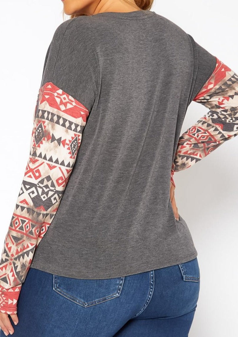 Hi Curvy Plus Size Aztec Print Long Sleeve Top