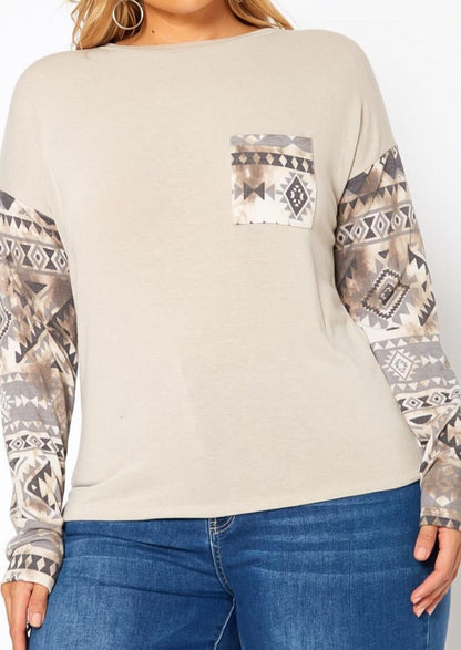 Hi Curvy Plus Size Aztec Print Long Sleeve Top
