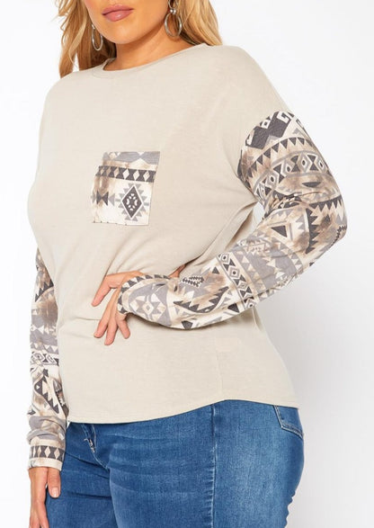Hi Curvy Plus Size Aztec Print Long Sleeve Top