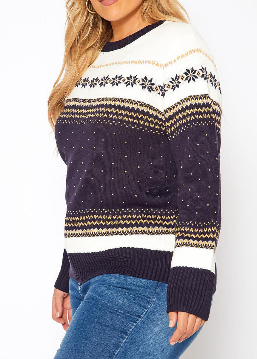 HI Curvy Plus Size Women Snowflakes Knit Long Sleeves Sweater