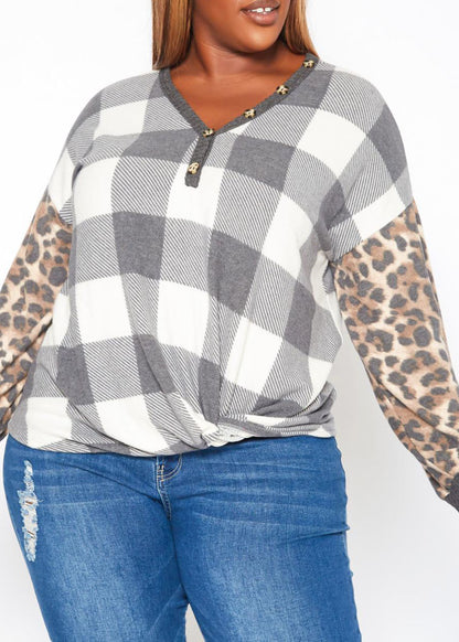 Hi Curvy Plus Size Women Pattern Splice V Neck Shirt Made In USA