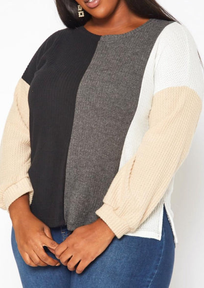Hi Curvy Plus Size Color Block Waffle Knit Sweater