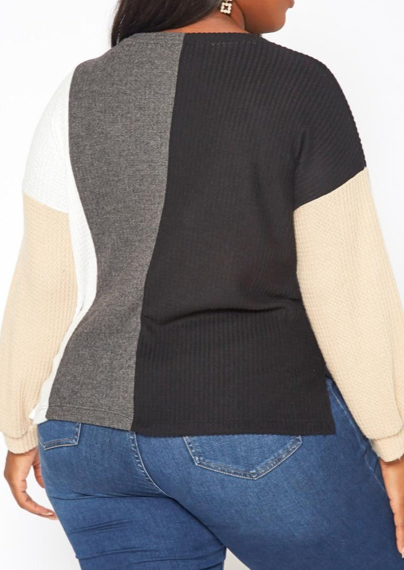 Hi Curvy Plus Size Color Block Waffle Knit Sweater