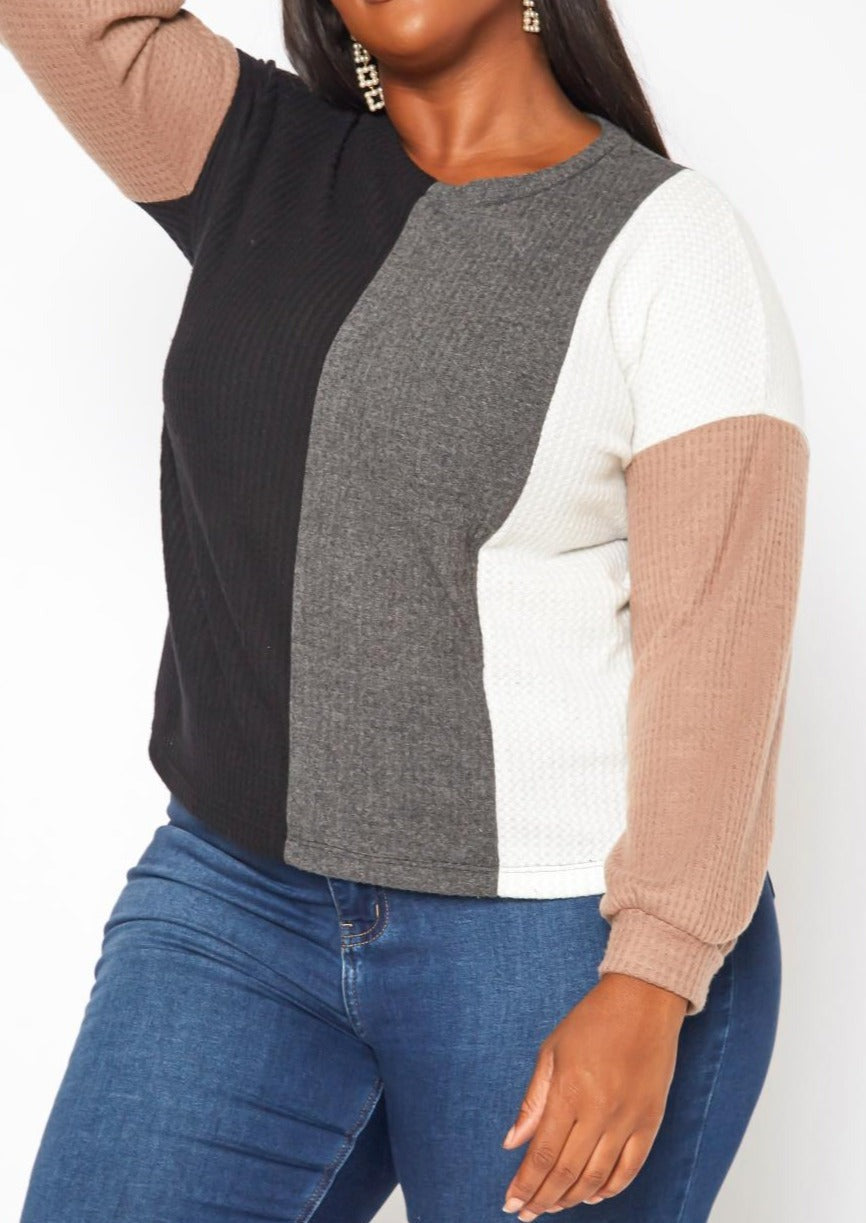 Hi Curvy Plus Size Color Block Waffle Knit Sweater