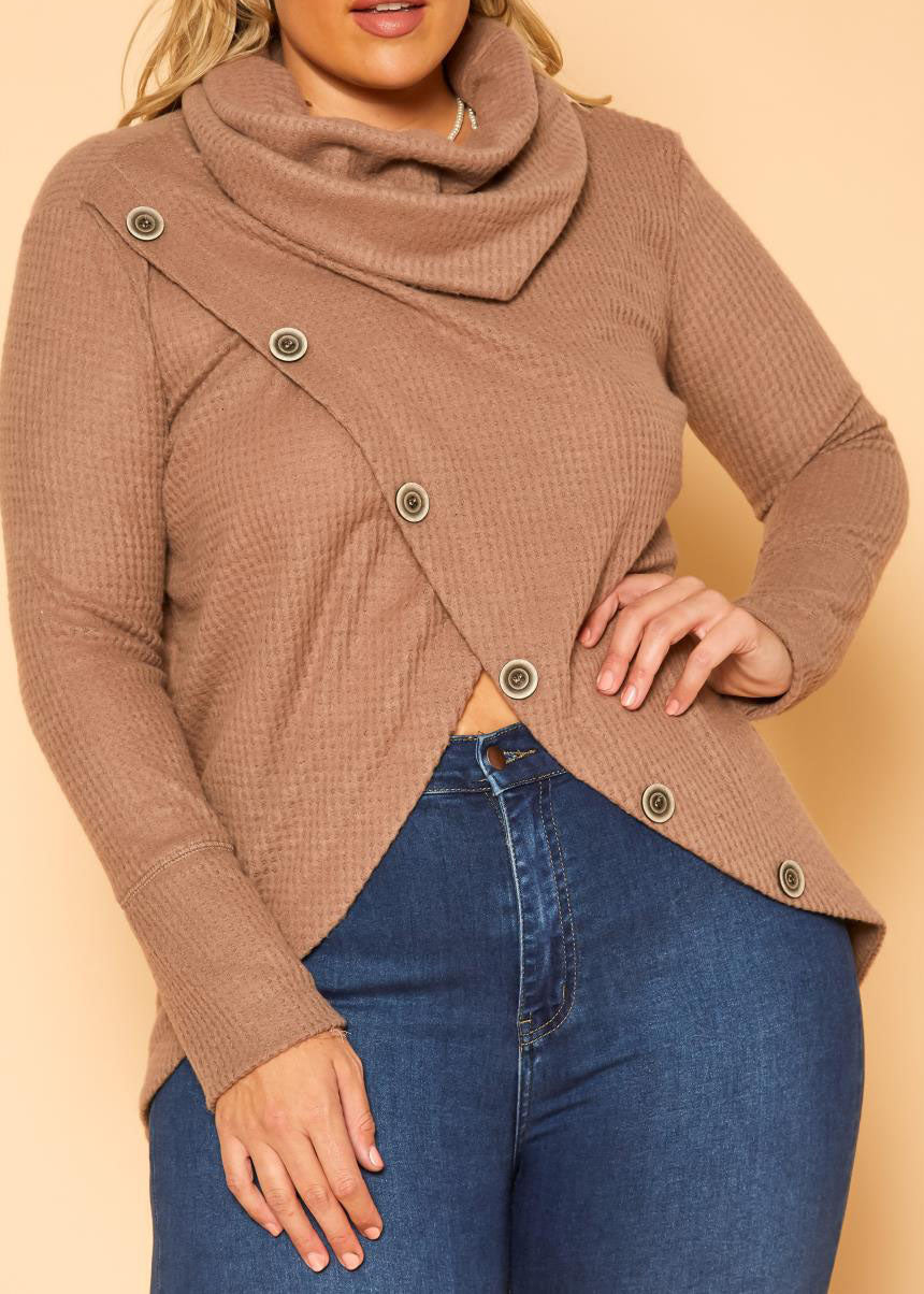 HI Curvy Plus Size Women Waffle Knit Funnel Neck Sweater Made in usa