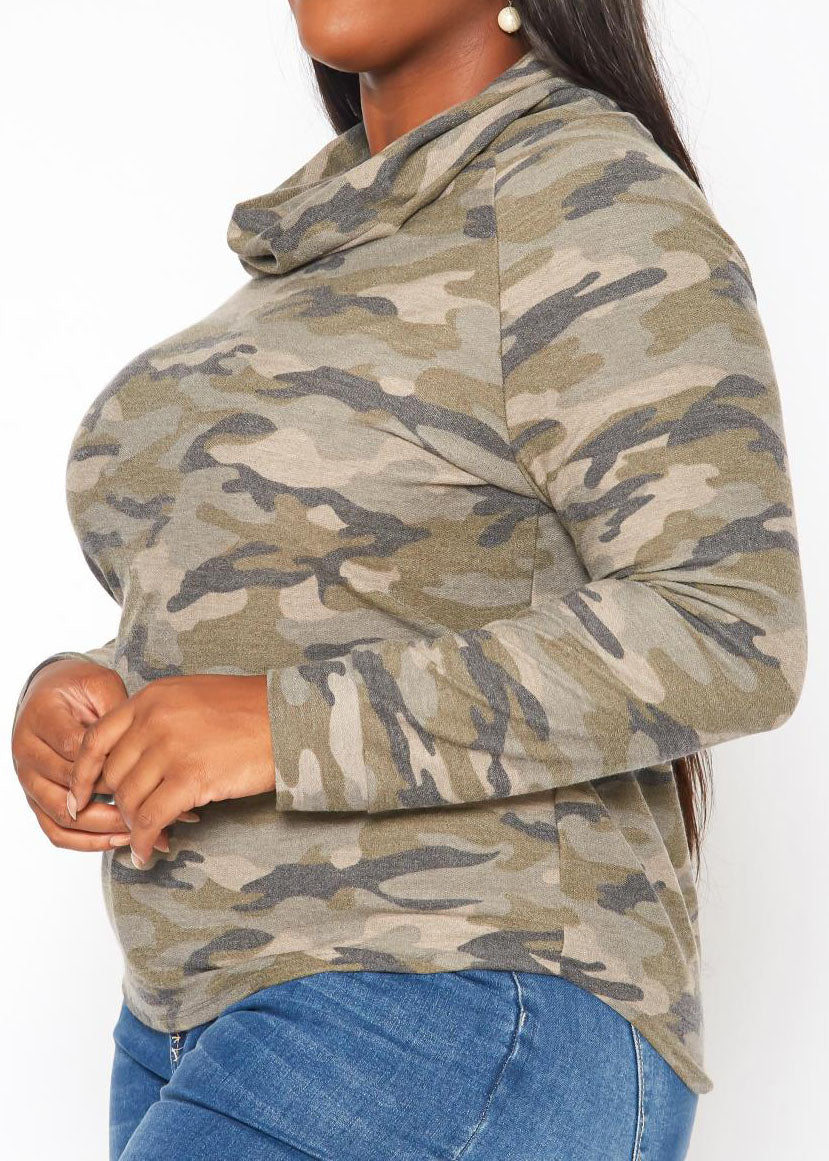 Hi Curvy Plus Size Camo Pattern Funnel Neck Sweater