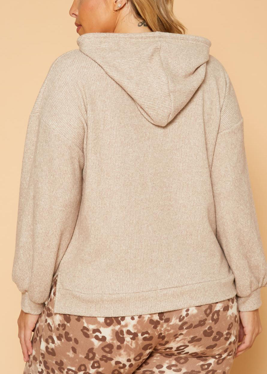 HI Curvy Plus Size Women Ribbed Knit Hooded Sweater