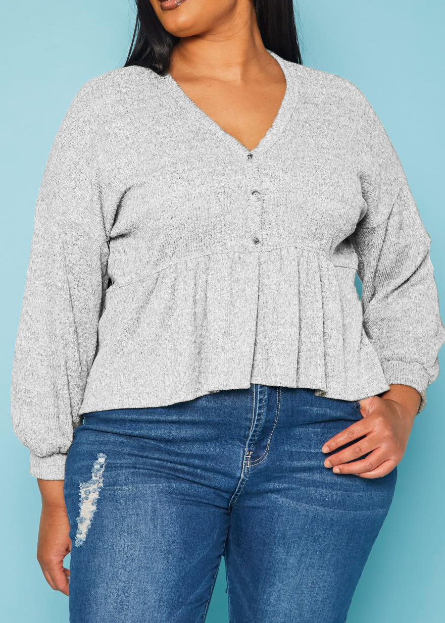 Hi Curvy Plus Size Women Long Sleeve Peplum Top Made In USA