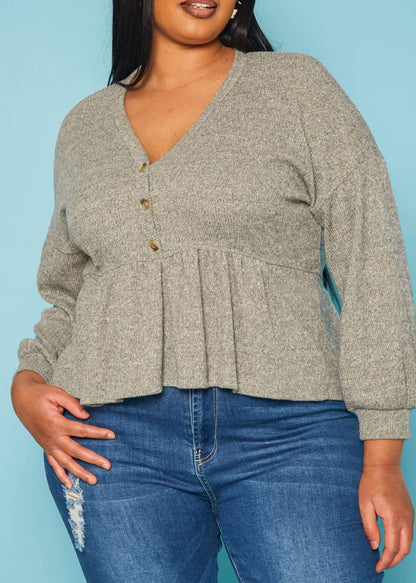 Hi Curvy Plus Size Women Long Sleeve Peplum Top Made In USA