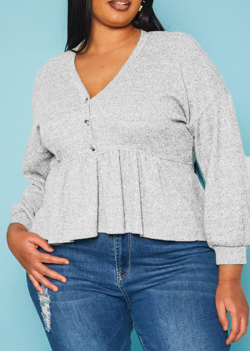 Hi Curvy Plus Size Women Long Sleeve Peplum Top Made In USA