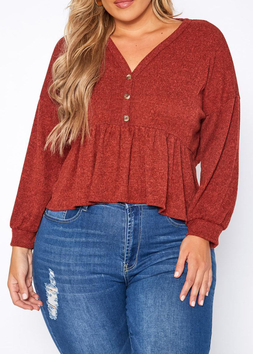 Hi Curvy Plus Size Women Long Sleeve Peplum Top Made In USA