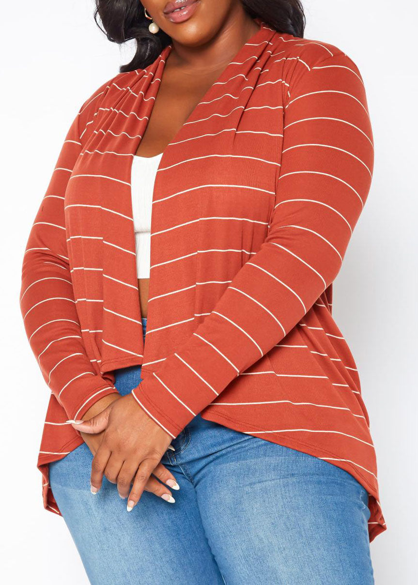 HI Curvy Plus Size Casual Striped Open Front Cardigan