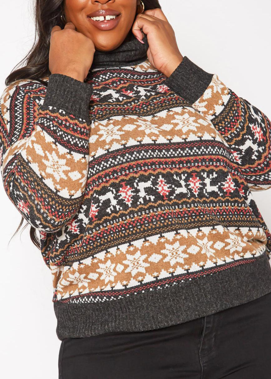 HI Curvy Plus Size Women Reindeer Print Turtle neck Sweater