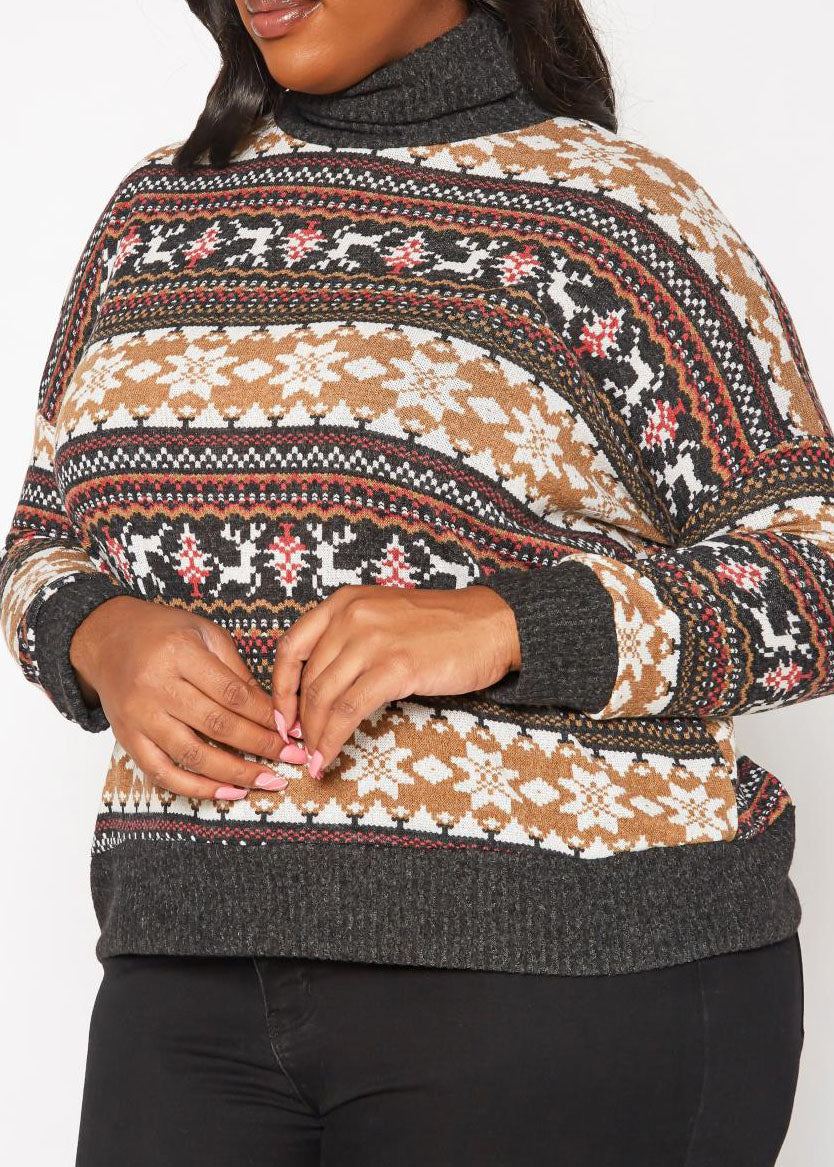 HI Curvy Plus Size Women Reindeer Print Turtle neck Sweater