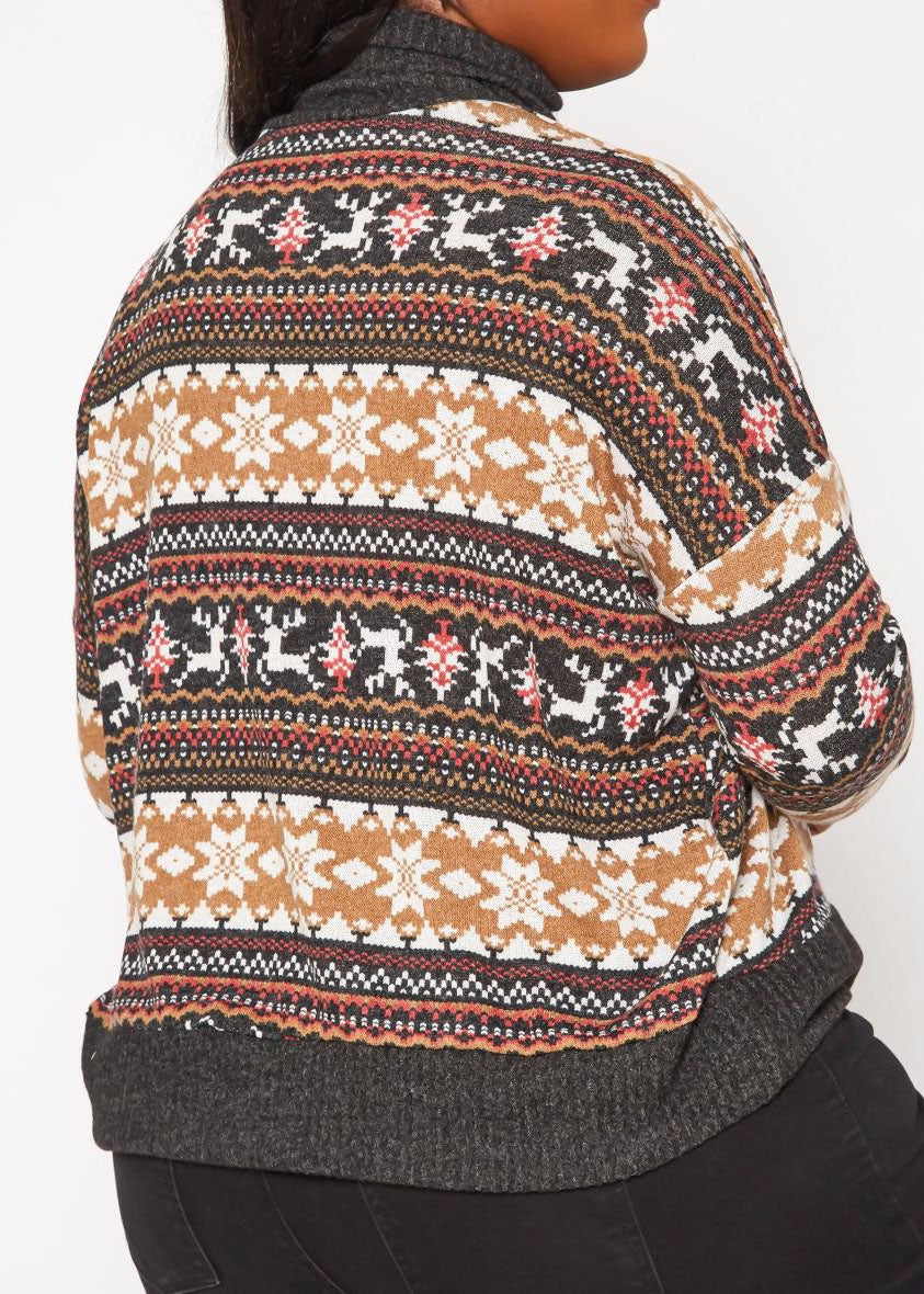 HI Curvy Plus Size Women Reindeer Print Turtle neck Sweater