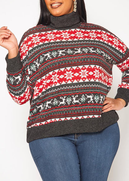 HI Curvy Plus Size Women Reindeer Print Turtle neck Sweater