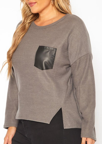 HI Curvy Plus Size Women Faux Leather Pocket Hem Sweater
