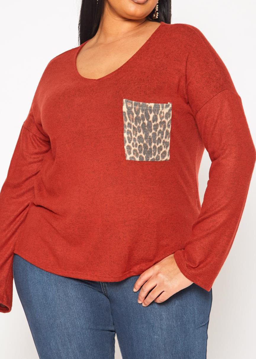 Hi Curvy Plus Size Snakeskin Pocket Hem Long Sleeve Shirt