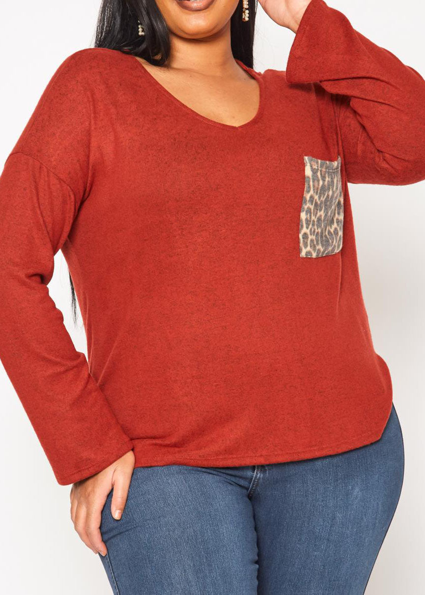 Hi Curvy Plus Size Snakeskin Pocket Hem Long Sleeve Shirt