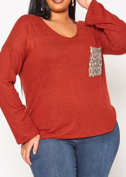 Hi Curvy Plus Size Snakeskin Pocket Hem Long Sleeve Shirt