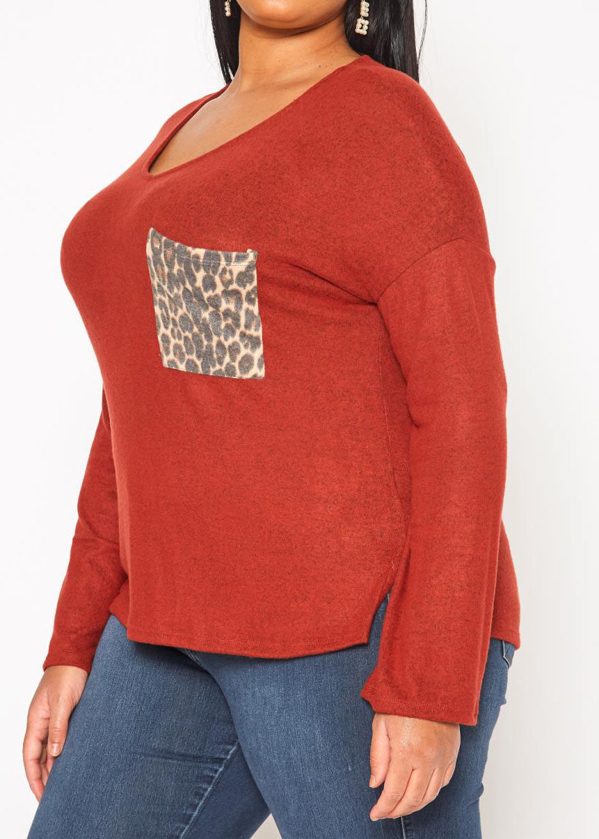 Hi Curvy Plus Size Snakeskin Pocket Hem Long Sleeve Shirt