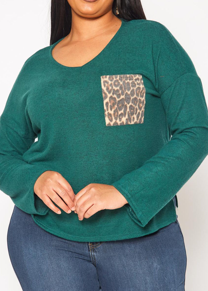 Hi Curvy Plus Size Snakeskin Pocket Hem Long Sleeve Shirt