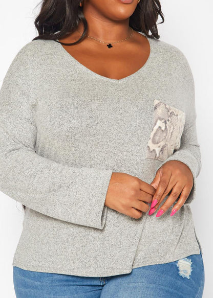 Hi Curvy Plus Size Snakeskin Pocket Hem Long Sleeve Shirt
