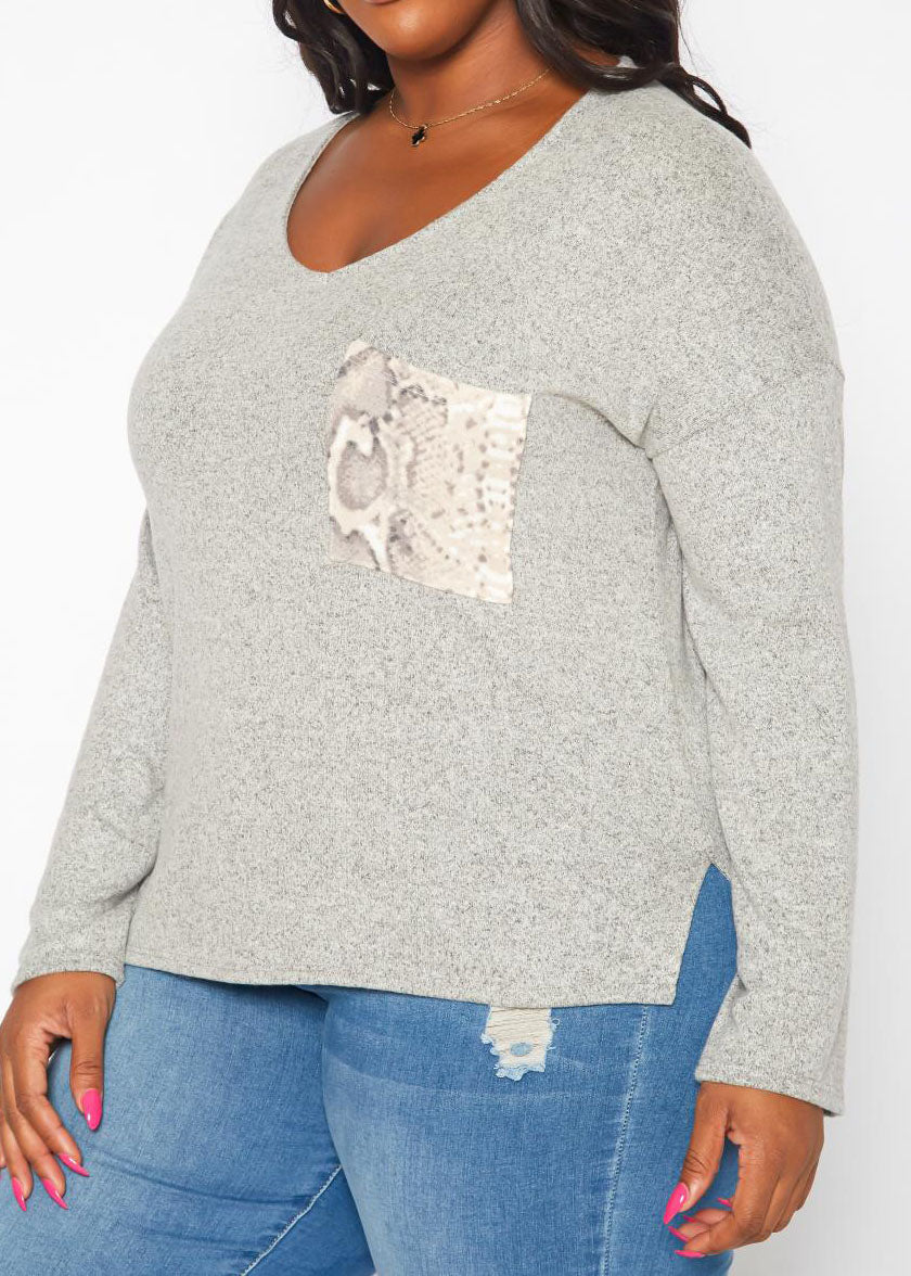 Hi Curvy Plus Size Snakeskin Pocket Hem Long Sleeve Shirt