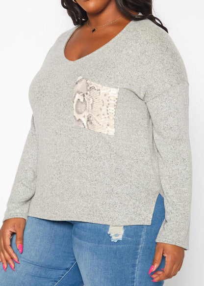 Hi Curvy Plus Size Snakeskin Pocket Hem Long Sleeve Shirt