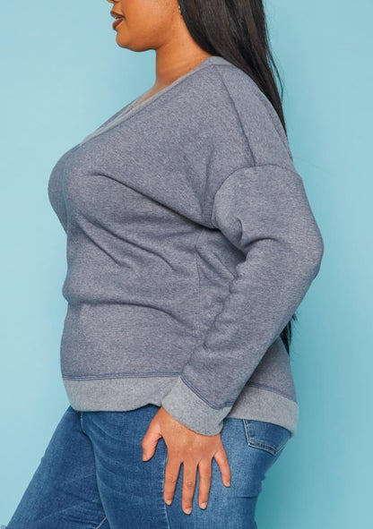 HI Curvy Plus Size Casual V Neck Long Sleeve Top