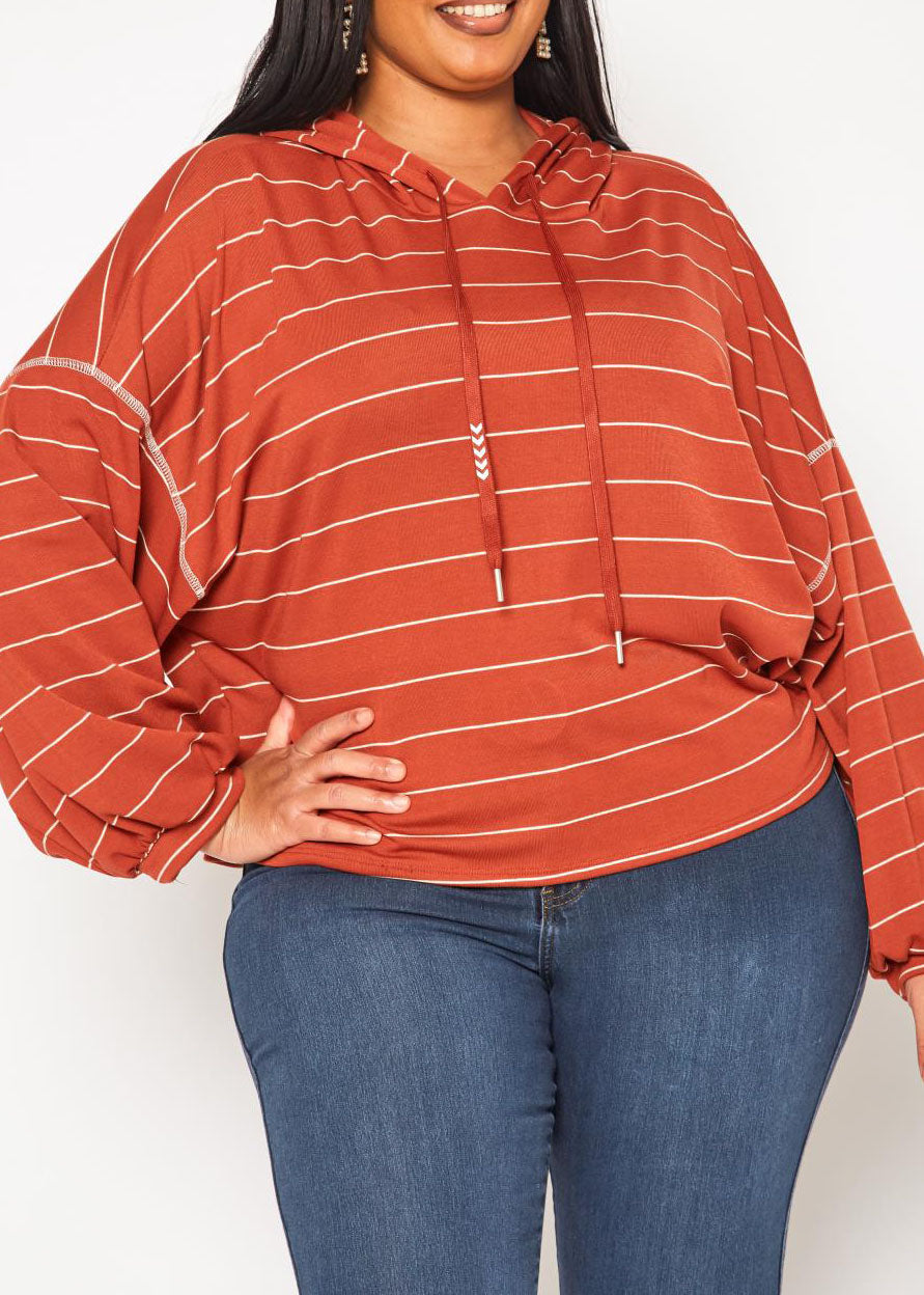 Hi Curvy Plus Size Women Striped Hooded Sweater made in USA