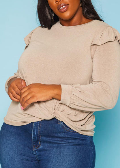 Hi Curvy Plus Size Women Ruffle Trim Long Sleeve Shirt Top Made in USA
