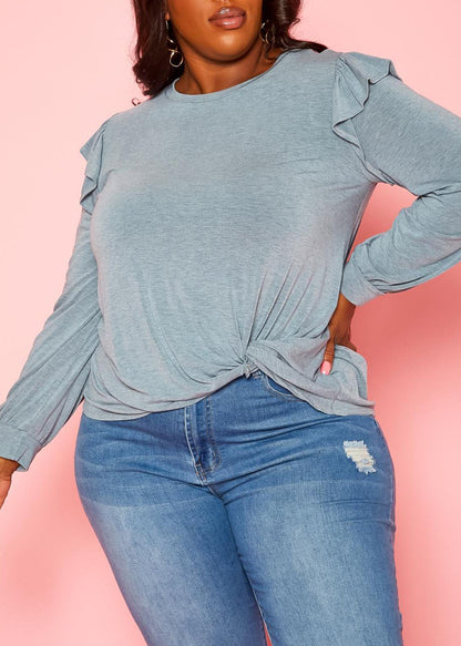 Hi Curvy Plus Size Women Ruffle Trim Long Sleeve Shirt Top Made in USA