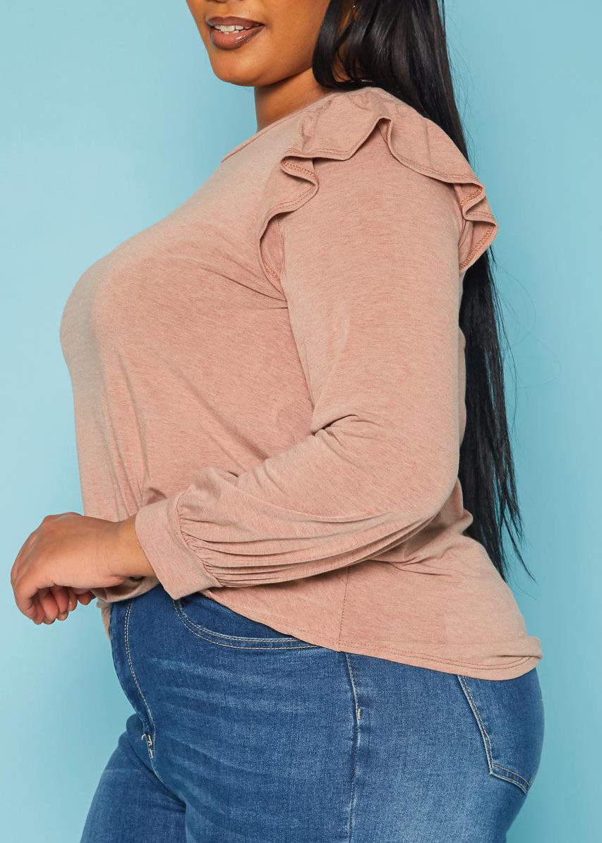 Hi Curvy Plus Size Women Ruffle Trim Long Sleeve Shirt Top Made in USA