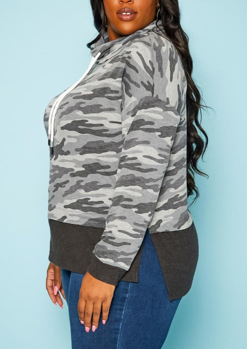 Hi Curvy Plus Size Camo Pattern Funnel Neck Sweater