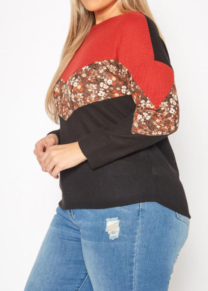 Hi Curvy Plus Size Women Waffle Knit Color Block Sweater Made in USA