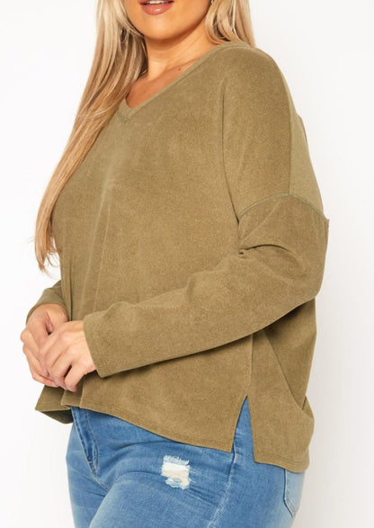 Hi Curvy Plus Size Basic V Neck Long Sleeve Top