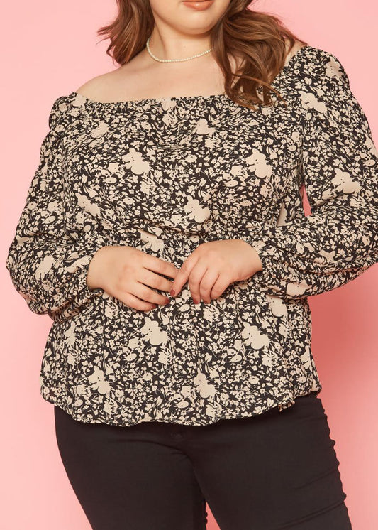 HI Curvy Plus Size Women Vintage Floral Print Off Shoulder Top