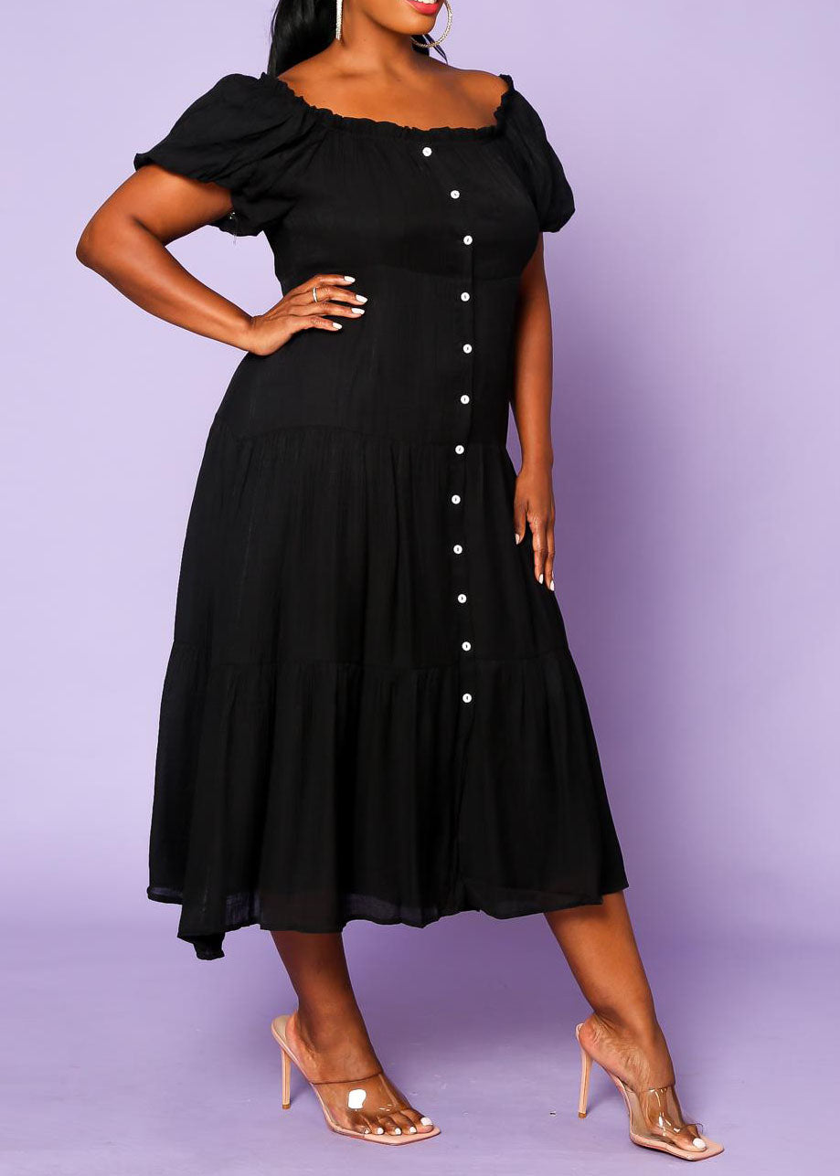 Hi Curvy Plus Size Women Off the Shoulder Button Down Flare Dress