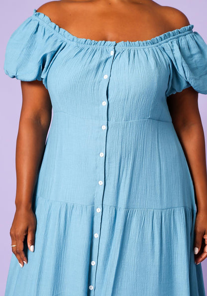 Hi Curvy Plus Size Women Off the Shoulder Button Down Flare Dress