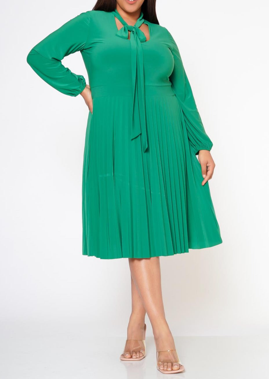 Hi Curvy Plus Size Bow Collar Pleated Fit & Flare Dress